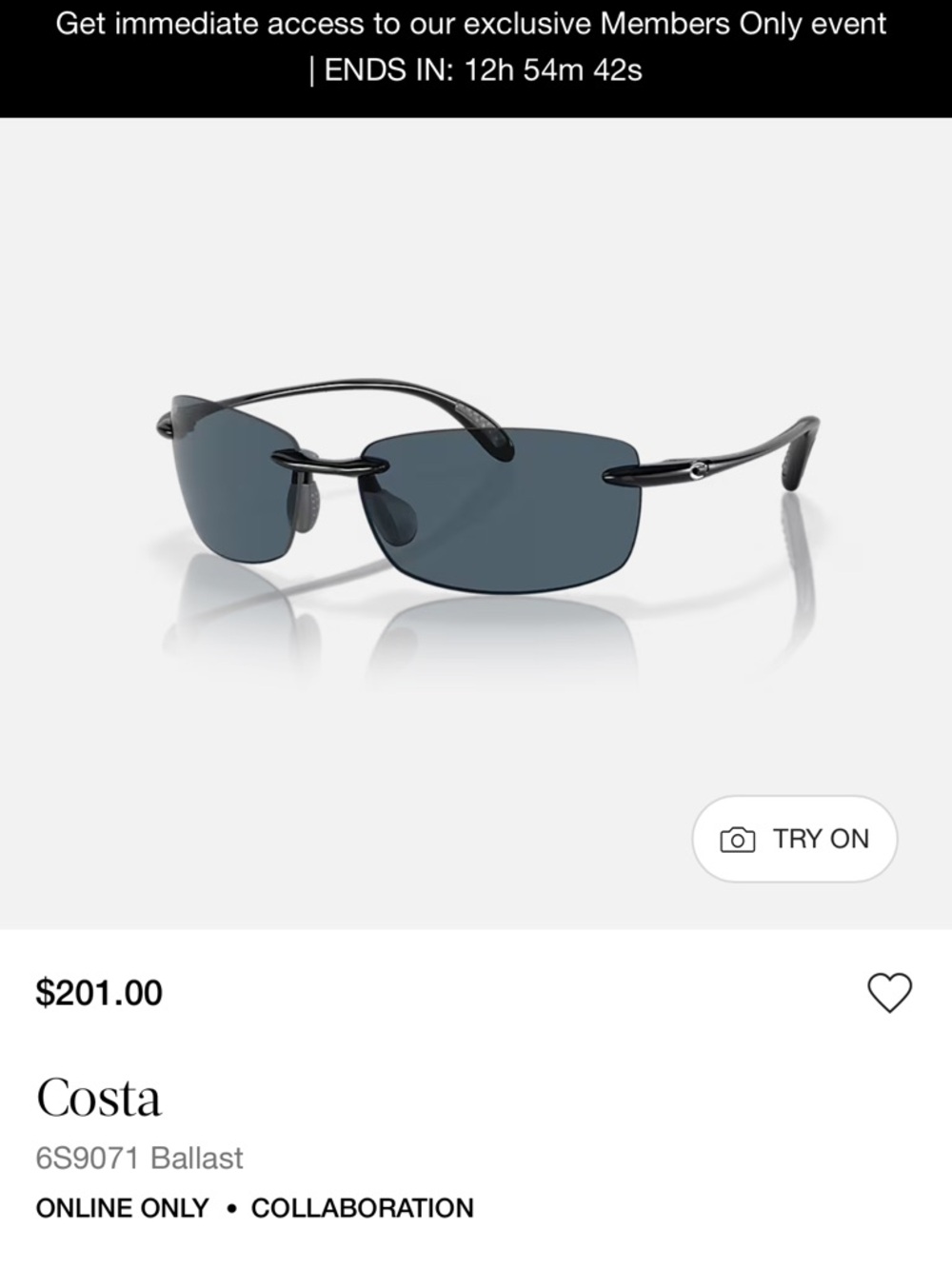 Costa Ballast Rimless Polarized Sunglasses — Dark Gray Lenses with Black Frames
